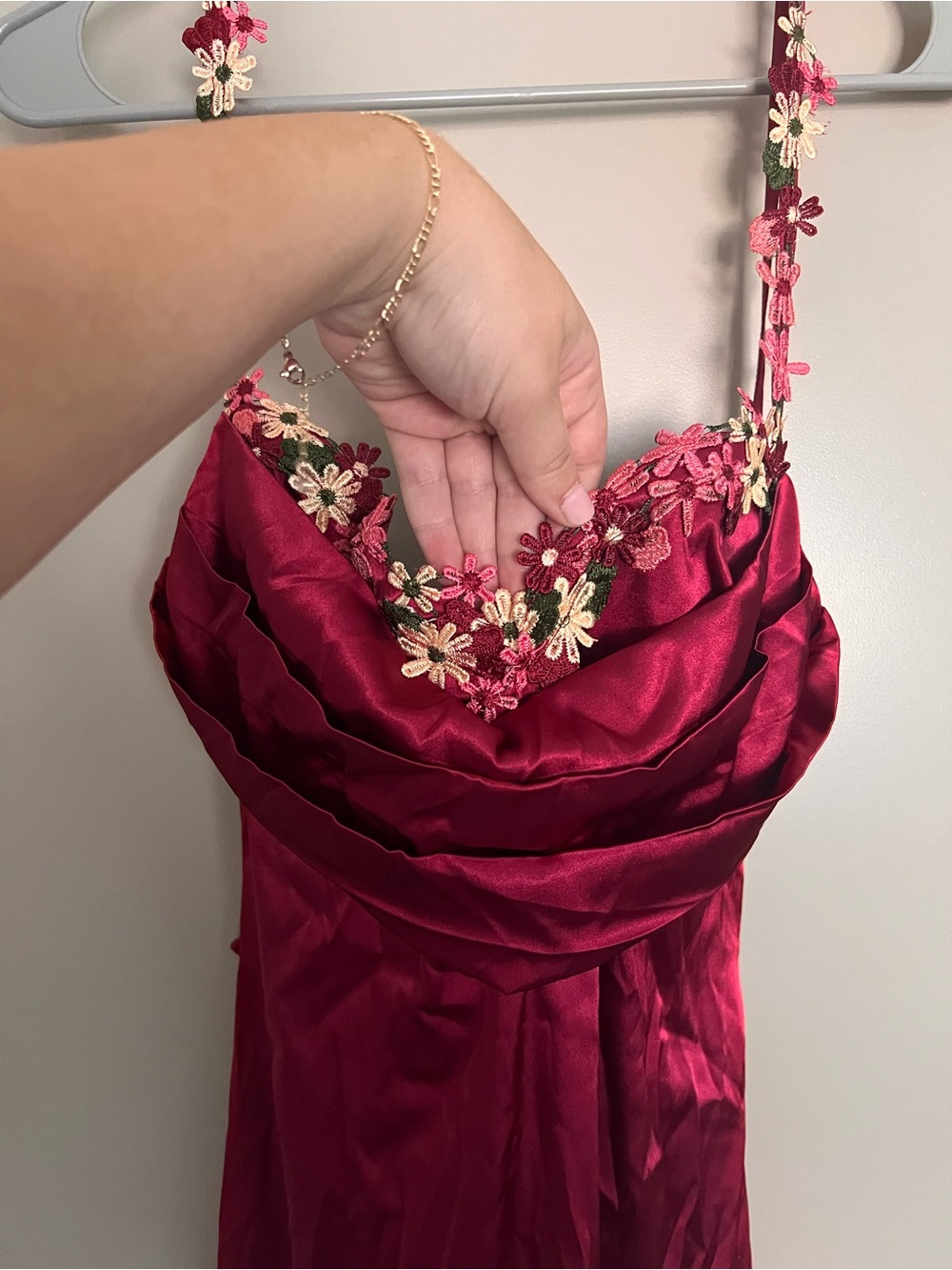 Satin Burgundy Maxi Dress with Floral-Embellished Straps - Picture 3 of 5